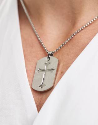 Asos Design Waterproof Stainless Steel Necklace With Brushed Metal Cross Tag Pendant In Silver Tone In Metallic