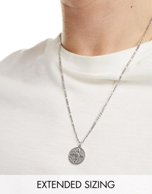 ASOS DESIGN waterproof stainless steel necklace with circular aztec compass pendant in burnished sil