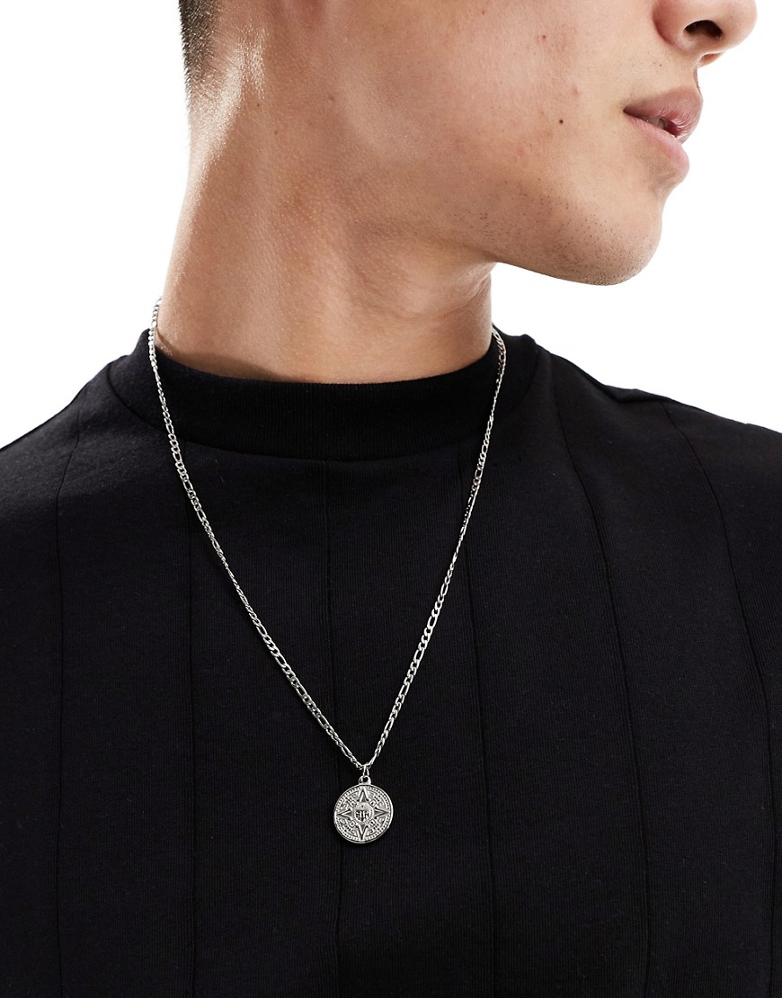 Asos Design Waterproof Stainless Steel Necklace With Circular Aztec Compass Pendant In Burnished Silver Tone In Metallic