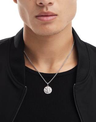 Asos Design Waterproof Stainless Steel Necklace With Coin Pendant In Silver Tone In Metallic