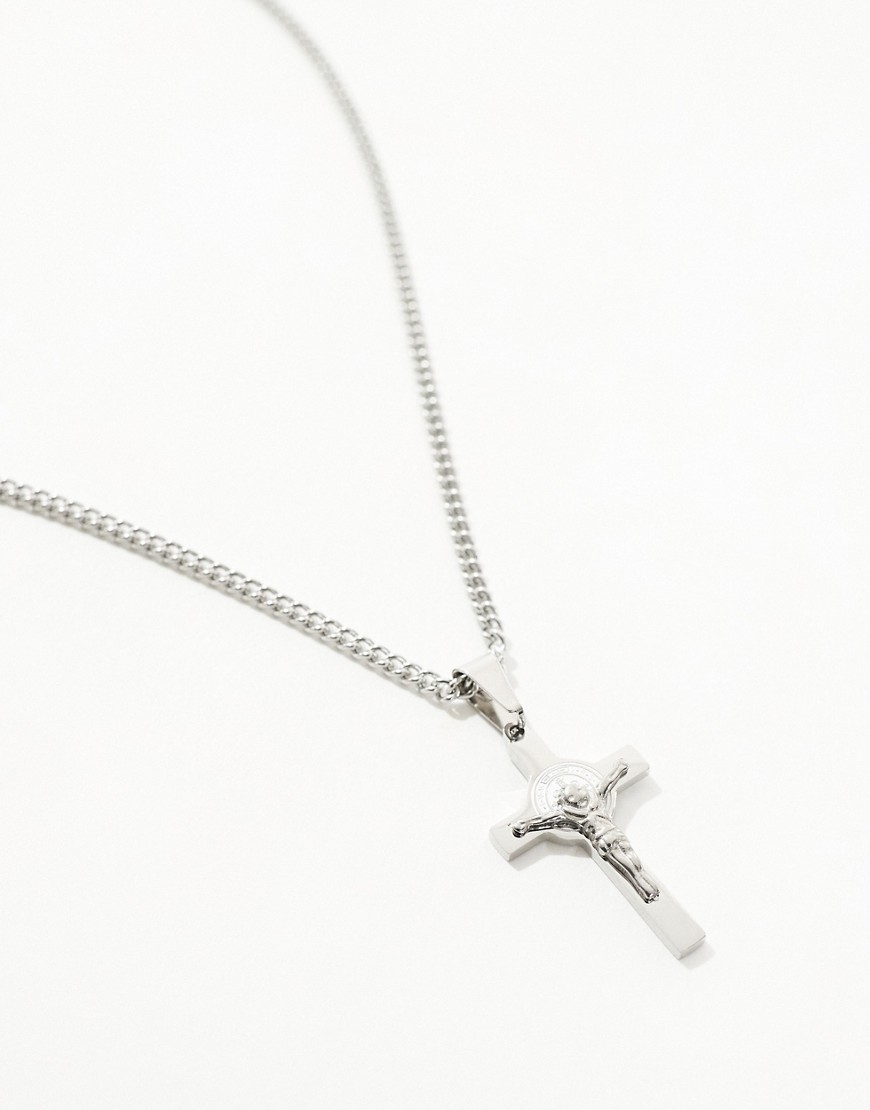 Asos Design Waterproof Stainless Steel Necklace With Cross Pendant In Silver Tone