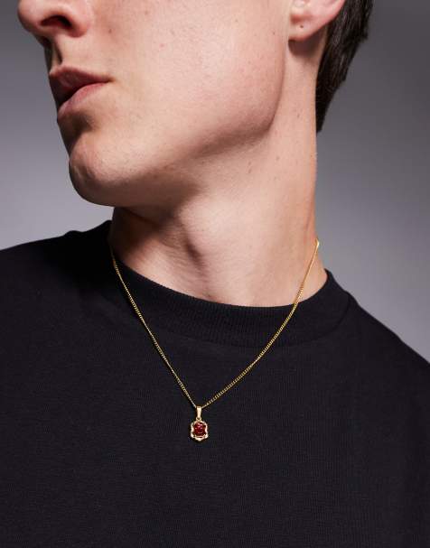 ASOS DESIGN waterproof stainless steel necklace with faux ruby stone pendant in gold tone - view 1