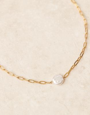 Asos Design Waterproof Stainless Steel Necklace With Link Chain And Faux Pearl Detail