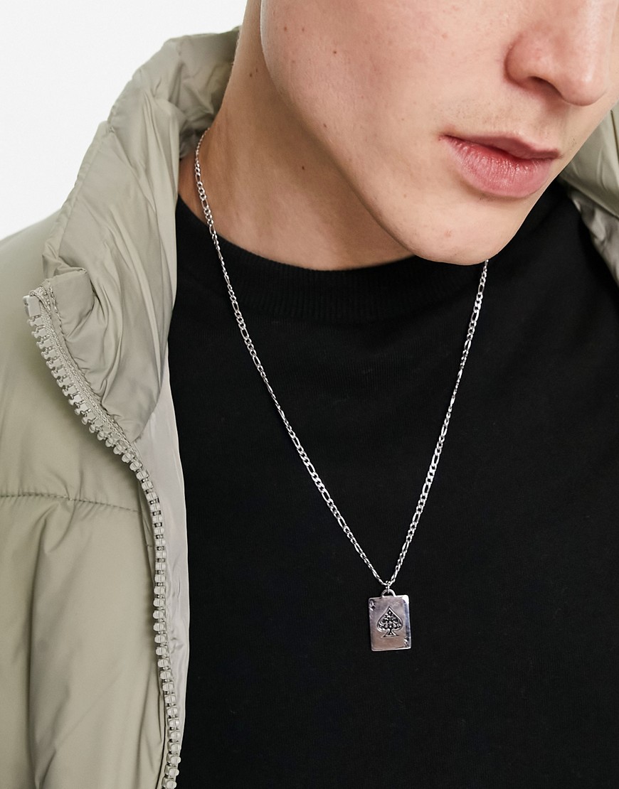 asos design waterproof stainless steel necklace with playing card pendant in silver tone