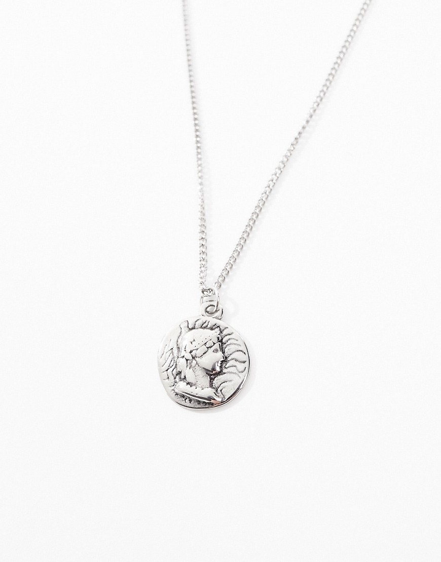 waterproof stainless steel necklace with roman coin pendant in burnished silver tone