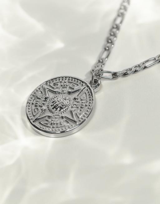 ASOS DESIGN waterproof stainless steel necklace with round compass pendant in burnished silver tone, 2 of 4