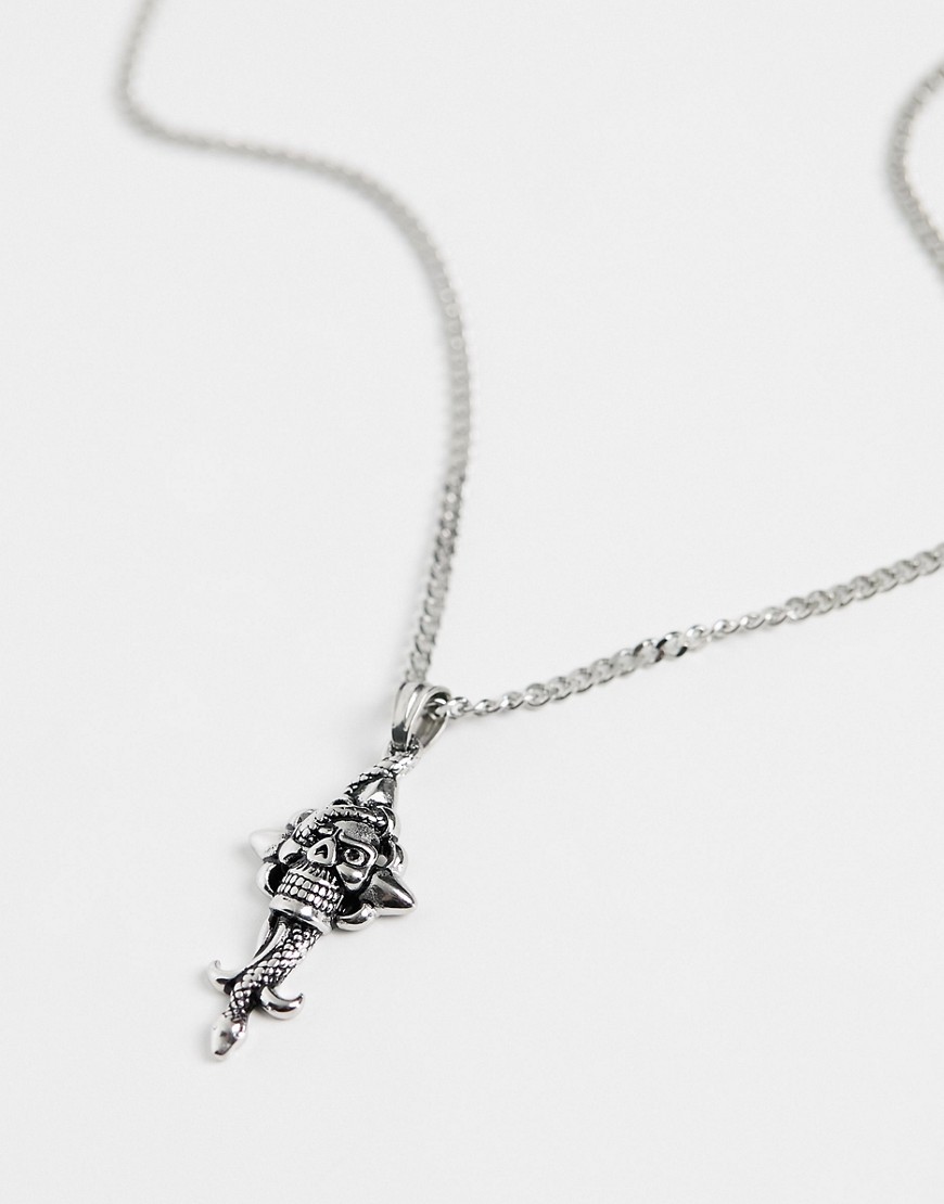 waterproof stainless steel necklace with skull and snake cross pendant in burnished silver tone