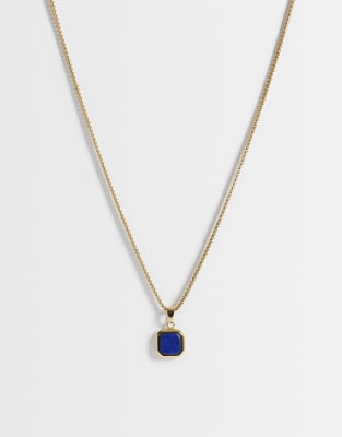 Asos Design Waterproof Stainless Steel Necklace With Square Lapis Pendant In Gold