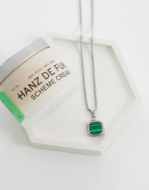 ASOS DESIGN waterproof stainless steel necklace with square malachite pendant in silver, 2 of 4
