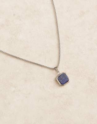ASOS DESIGN waterproof stainless steel necklace with square pendant with lapis blue stone in silver tone