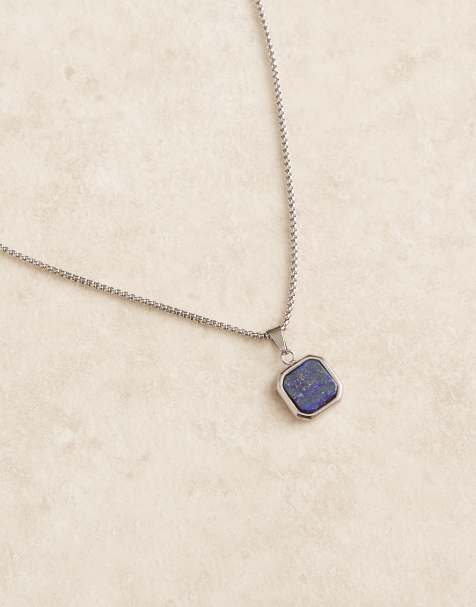 ASOS DESIGN waterproof stainless steel necklace with square pendant with lapis blue stone in silver tone - view 1