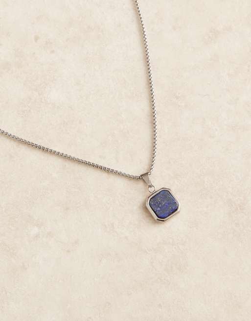 ASOS DESIGN waterproof stainless steel necklace with square pendant with lapis blue stone in silver tone