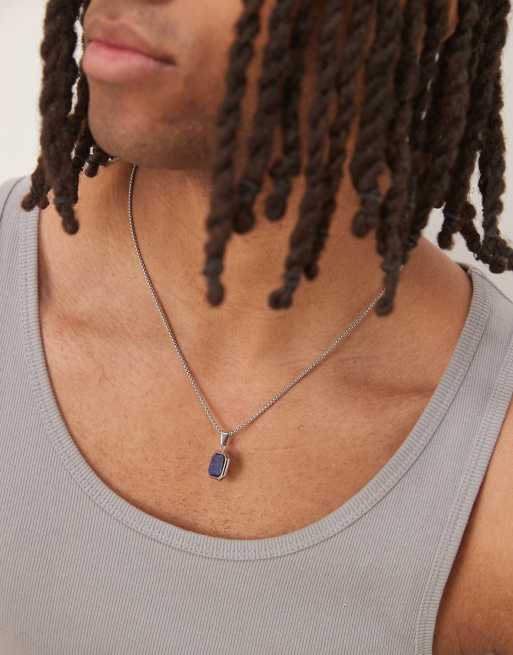 ASOS DESIGN waterproof stainless steel necklace with square pendant with lapis blue stone in silver tone
