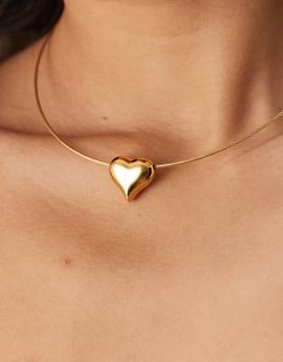 Asos Design Waterproof Stainless Steel Necklace With Wire And Puff Heart Pendant Design In Gold Tone