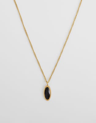 Asos Design Waterproof Stainless Steel Oval Black Faux Stone Pendant Necklace In Gold