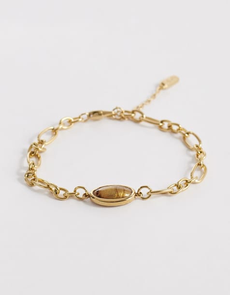 ASOS DESIGN waterproof stainless steel oval faux tigers eye bracelet in gold - view 1