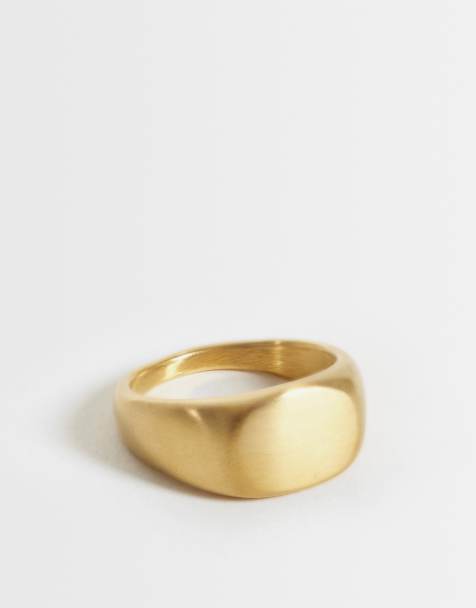 ASOS DESIGN waterproof stainless steel oval flat top brushed signet ring in gold - view 1