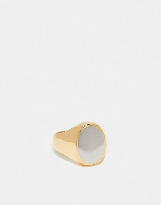  ASOS DESIGN waterproof stainless steel oval signet ring in silver and gold tone