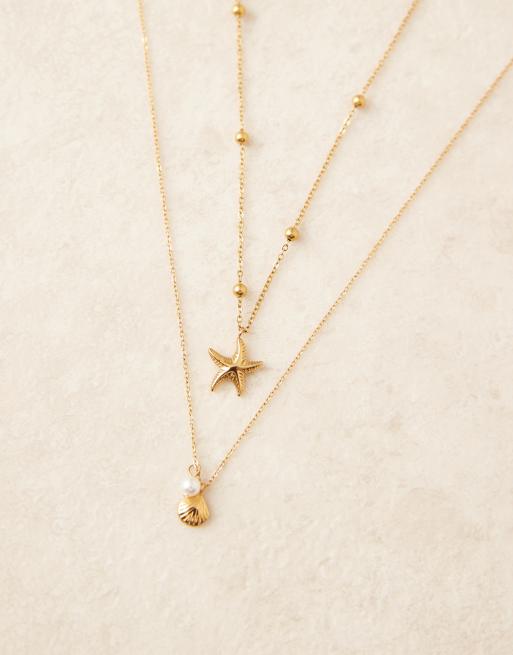 ASOS DESIGN waterproof stainless steel pack of 2 necklaces with sealife details in gold tone