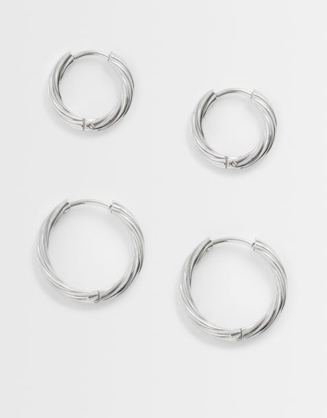 ASOS DESIGN waterproof stainless steel pack of 2 small hoops in twisted silver tone - view 1