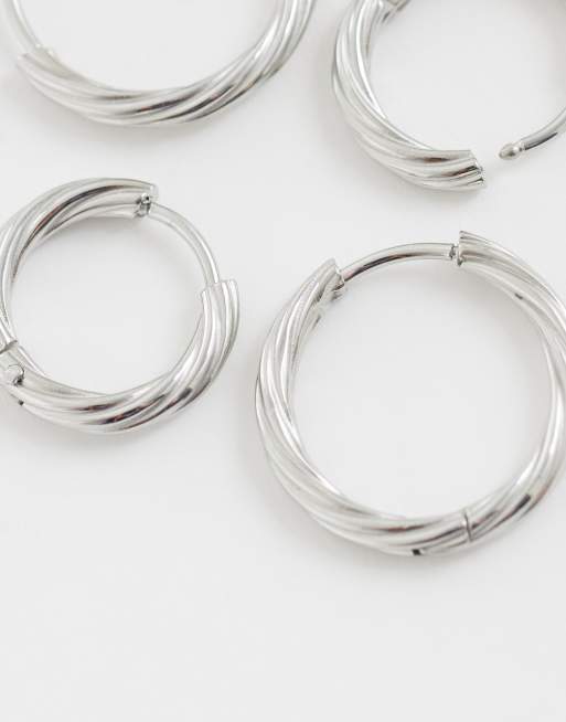 ASOS DESIGN waterproof stainless steel pack of 2 small hoops in twisted silver tone, 4 of 4