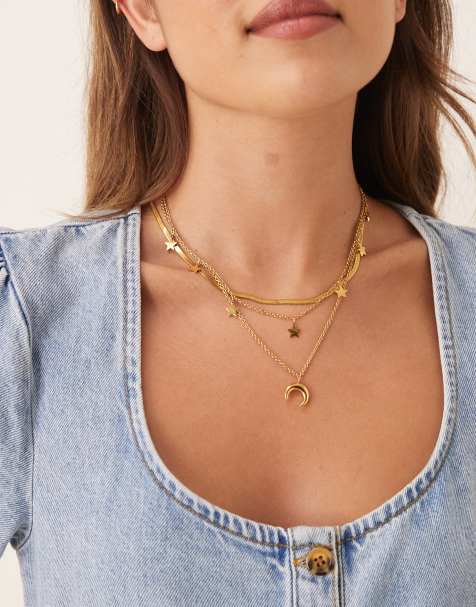 ASOS DESIGN waterproof stainless steel pack of 3 necklaces with celestial details in gold - view 1