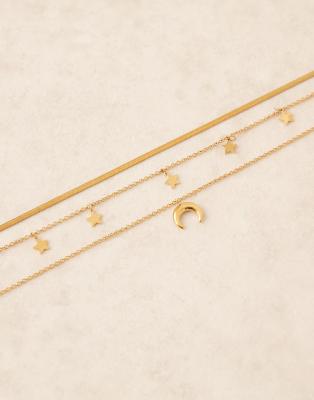 Asos Design Waterproof Stainless Steel Pack Of 3 Necklaces With Celestial Details In Gold