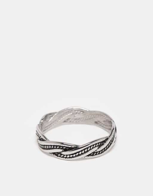 ASOS DESIGN waterproof stainless steel plaited ring with burnished engraved design in silver tone