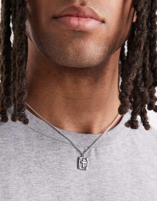 ASOS DESIGN waterproof stainless steel rectangle pendant with burnished cross design in silver tone