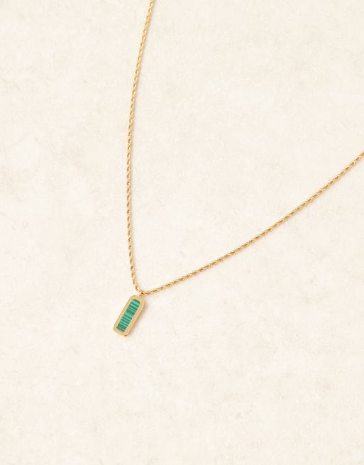 ASOS DESIGN waterproof stainless steel rectangle pendant with green s in gold  , 3 of 3