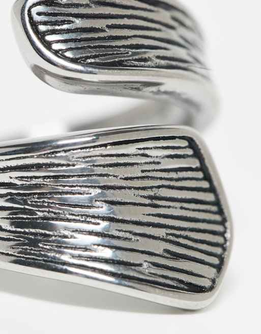 ASOS DESIGN waterproof stainless steel ridge textured wrap ring in burnished silver, 2 of 3