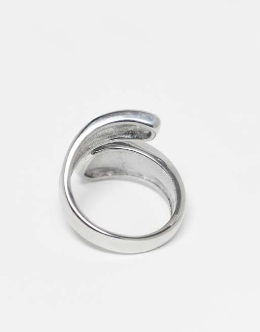 ASOS DESIGN waterproof stainless steel ridge textured wrap ring in burnished silver, 3 of 3