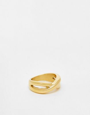ASOS DESIGN waterproof stainless steel ring with cross over detail in gold tone