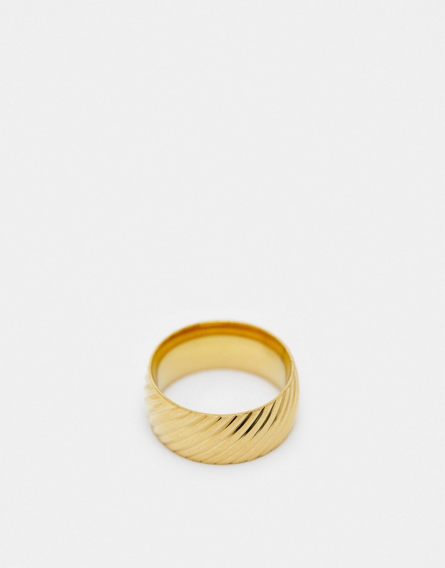 ASOS DESIGN waterproof stainless steel ring with engraved design in gold tone