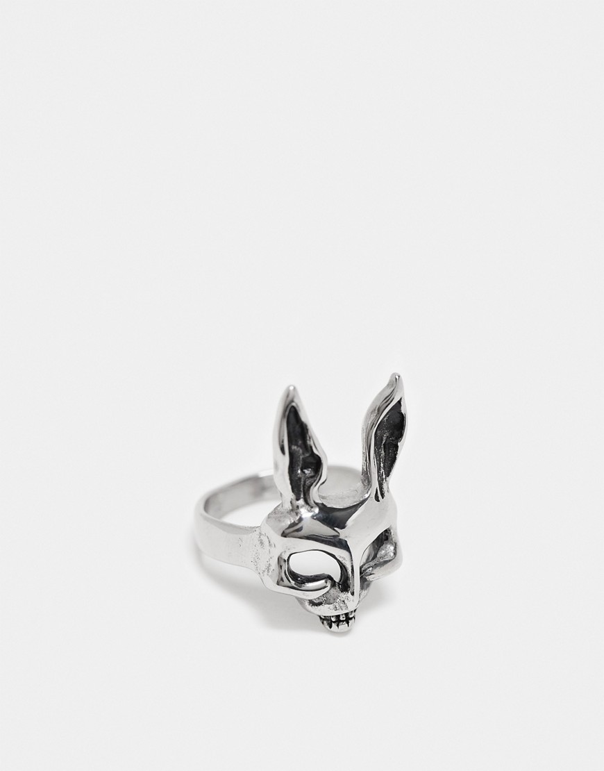 ASOS DESIGN waterproof stainless steel ring with rabbit design in silver tone