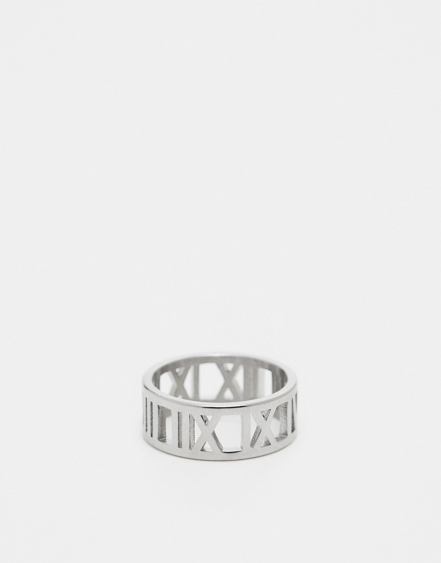 ASOS DESIGN waterproof stainless steel ring with roman numeral design in silver tone