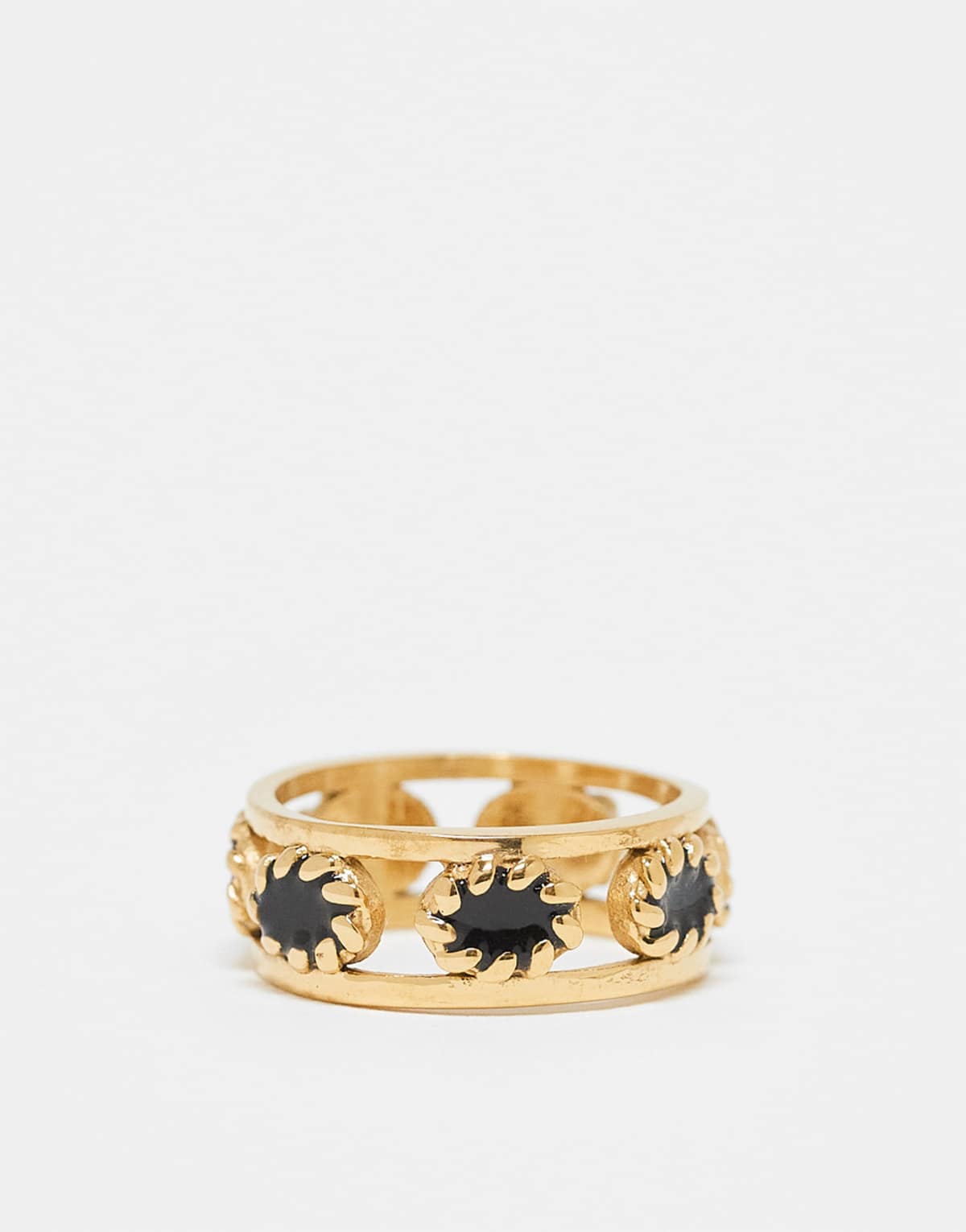 ASOS DESIGN waterproof stainless steel ring with rope and black agate stone detail in gold tone