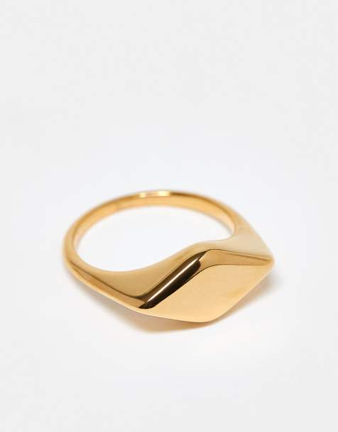 ASOS DESIGN waterproof stainless steel ring with signet design in gold tone - view 1