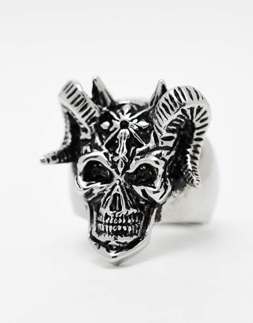 ASOS DESIGN waterproof stainless steel ring with skull horns in burnished silver, 2 of 4