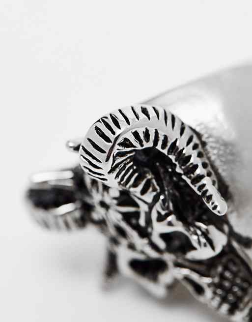 ASOS DESIGN waterproof stainless steel ring with skull horns in burnished silver, 3 of 4
