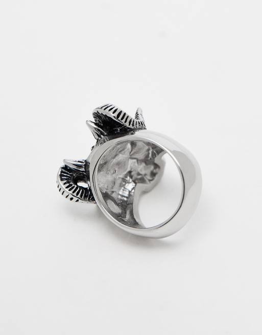 ASOS DESIGN waterproof stainless steel ring with skull horns in burnished silver, 4 of 4