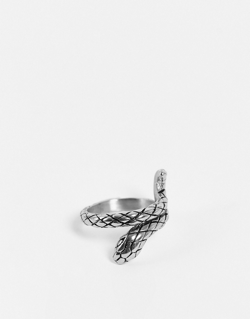 ASOS DESIGN waterproof stainless steel ring with wraparound snake in silver tone