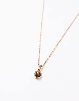 Asos Design Waterproof Stainless Steel Rope Chain Necklace With Semi-precious Tigers Eye Oval Pendant In Gold