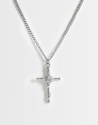 Asos Design Waterproof Stainless Steel Rose Centre Cross Pendant Necklace In Silver
