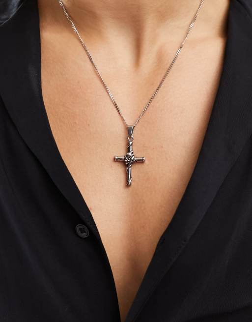 Iconic | Silver-Tone Stainless Steel Cross Curb Chain Necklace