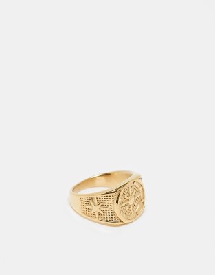 ASOS DESIGN ASOS DESIGN waterproof stainless steel round signet ring with embossing in gold tone