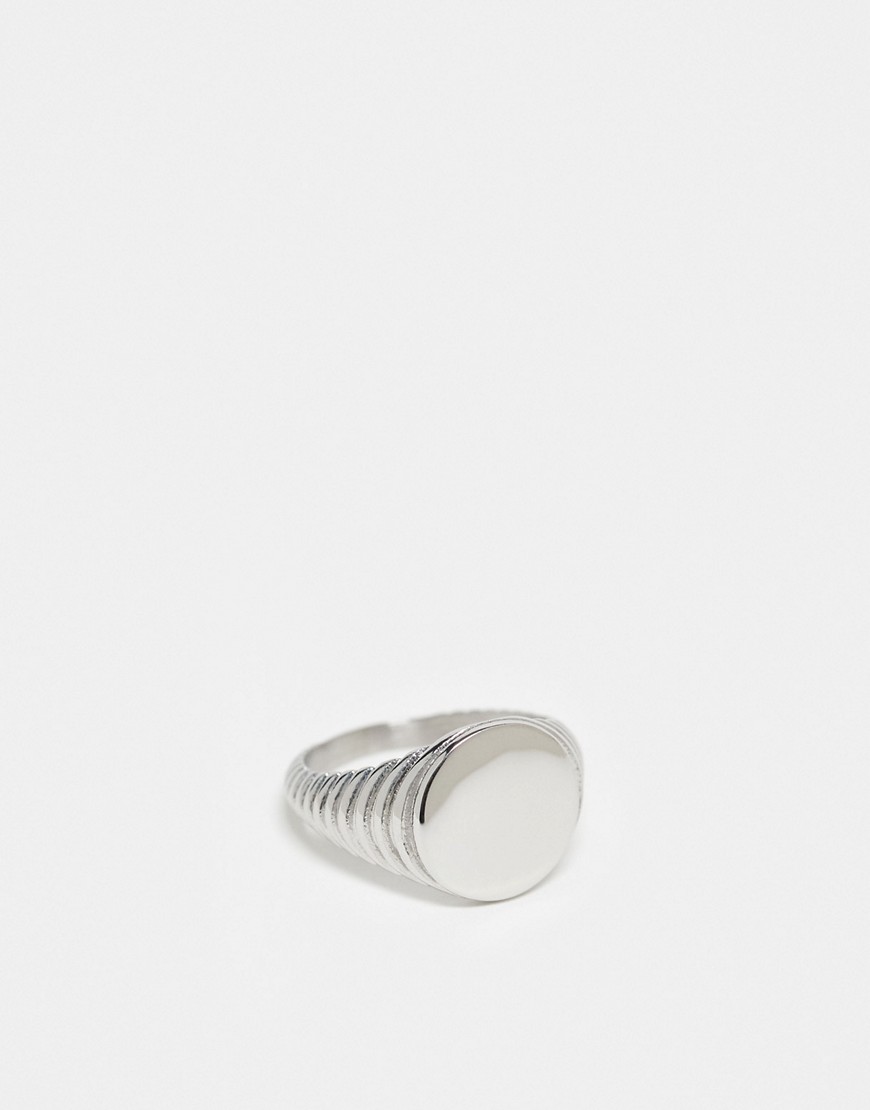 ASOS DESIGN waterproof stainless steel round signet ring with embossing in silver tone