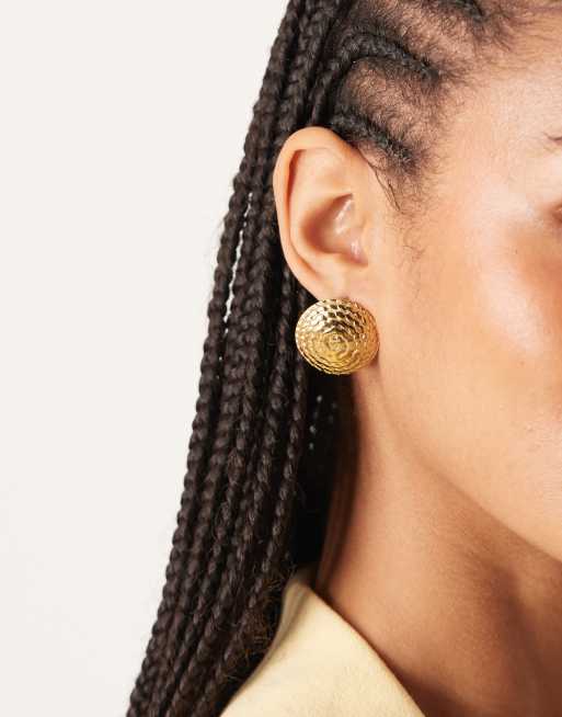 ASOS DESIGN waterproof stainless steel round stud earrings with textured finish in gold tone, 3 of 3