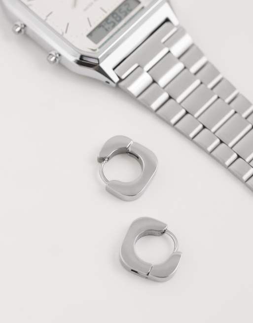 ASOS DESIGN waterproof stainless steel rounded edge square huggie hoop earrings in silver, 2 of 4