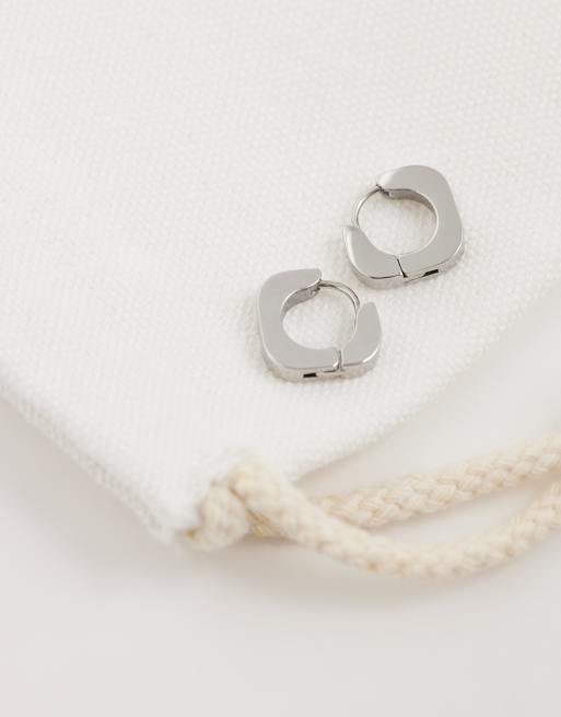 ASOS DESIGN waterproof stainless steel rounded edge square huggie hoop earrings in silver, 4 of 4